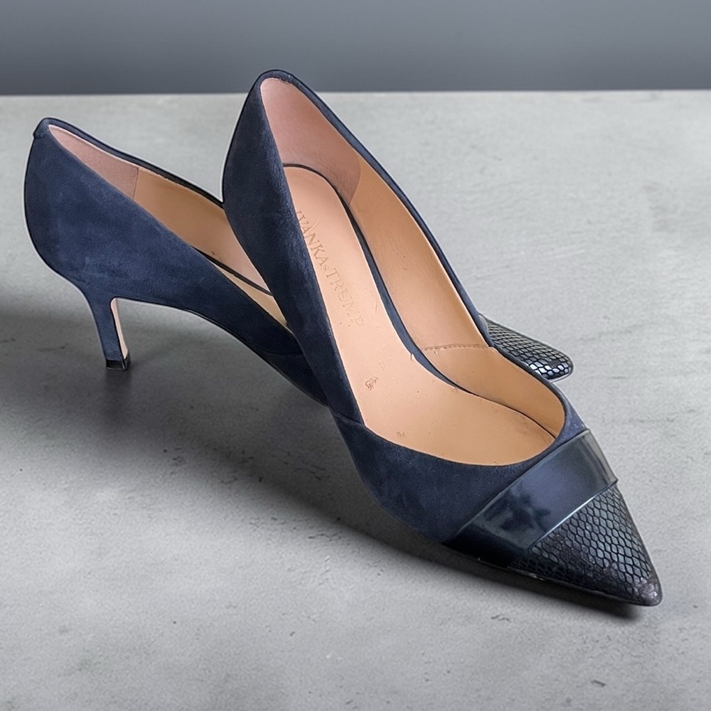 Ivanka Trump Nyle deep navy blue stiletto heels featuring a pointed toe design